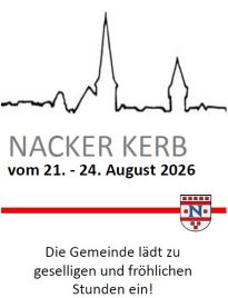 Plakat: Nacker Kerb vom 21. bis 24. August 2026. Die Gemeinde lädt zu geselligen und fröhlichen Stunden ein!