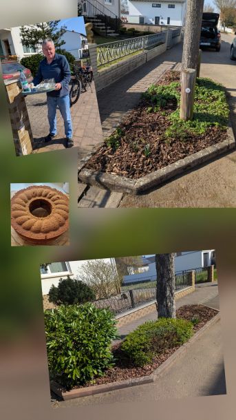 Ein Mitbürger bringt Wasser, ein gespendeter Kuchen und weitere Grünstreifen